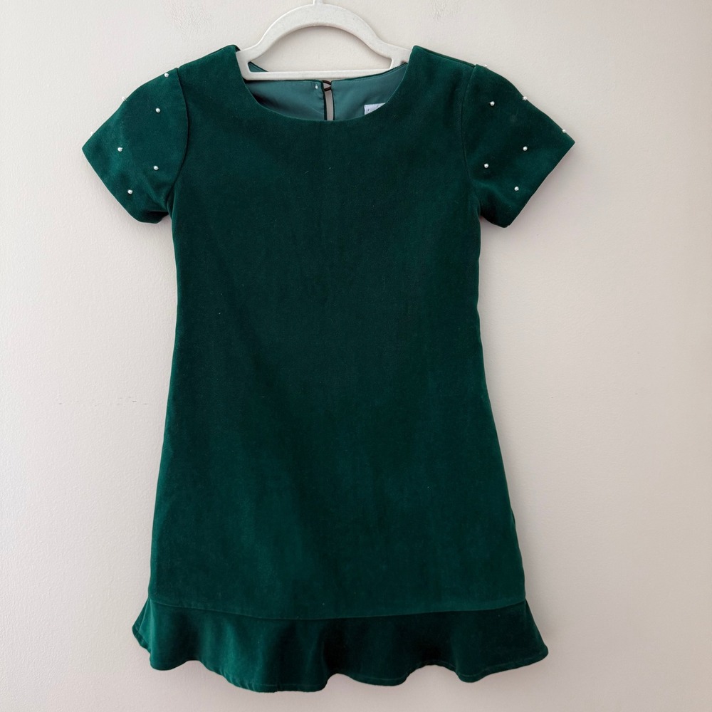 Florence Eiseman Girls Green Velvet Pearl Sleeve Ruffle Dress Size 8 79446